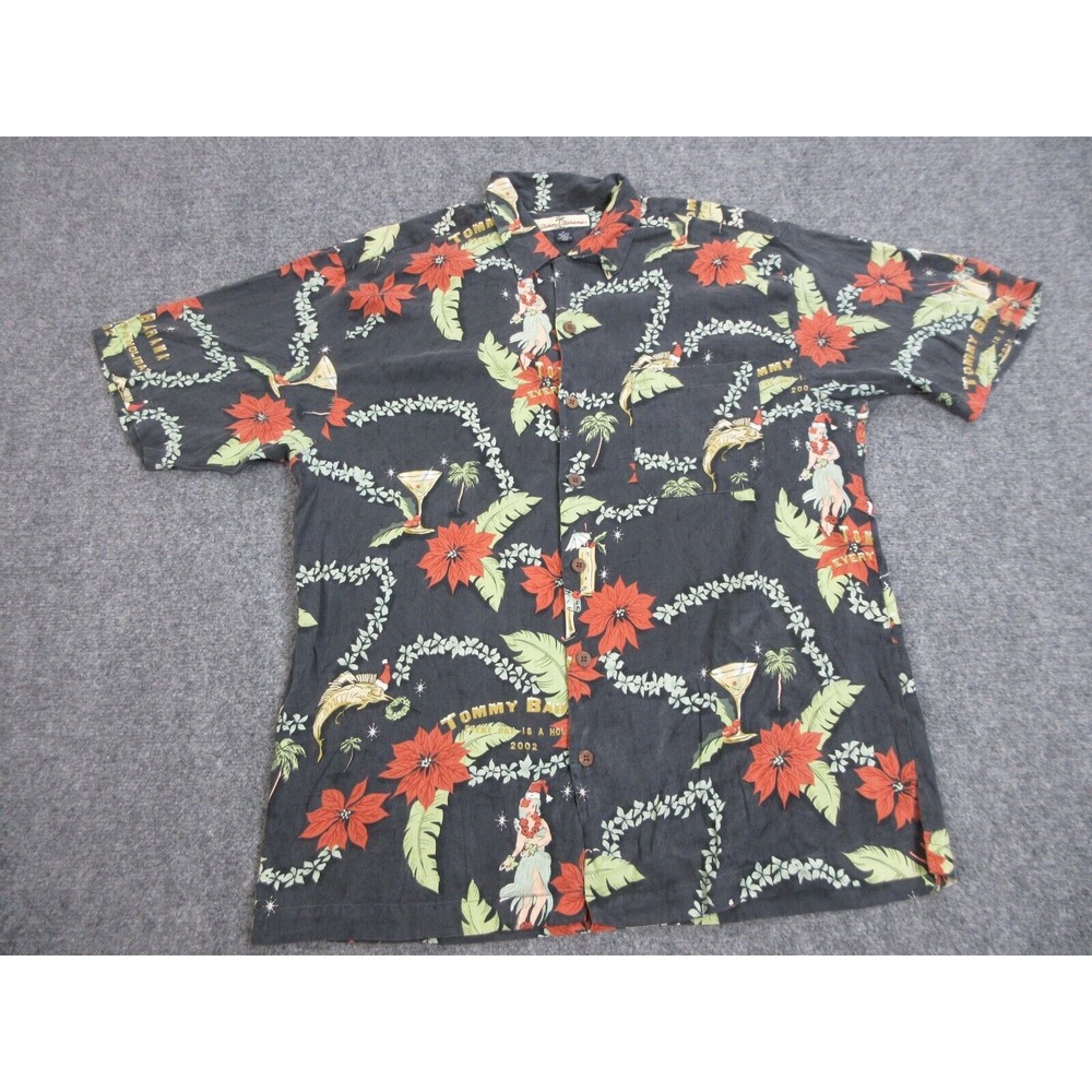 Tommy Bahama Shirt Mens Medium Black Silk Aloha Hawaiian 2002 Christmas Holidays